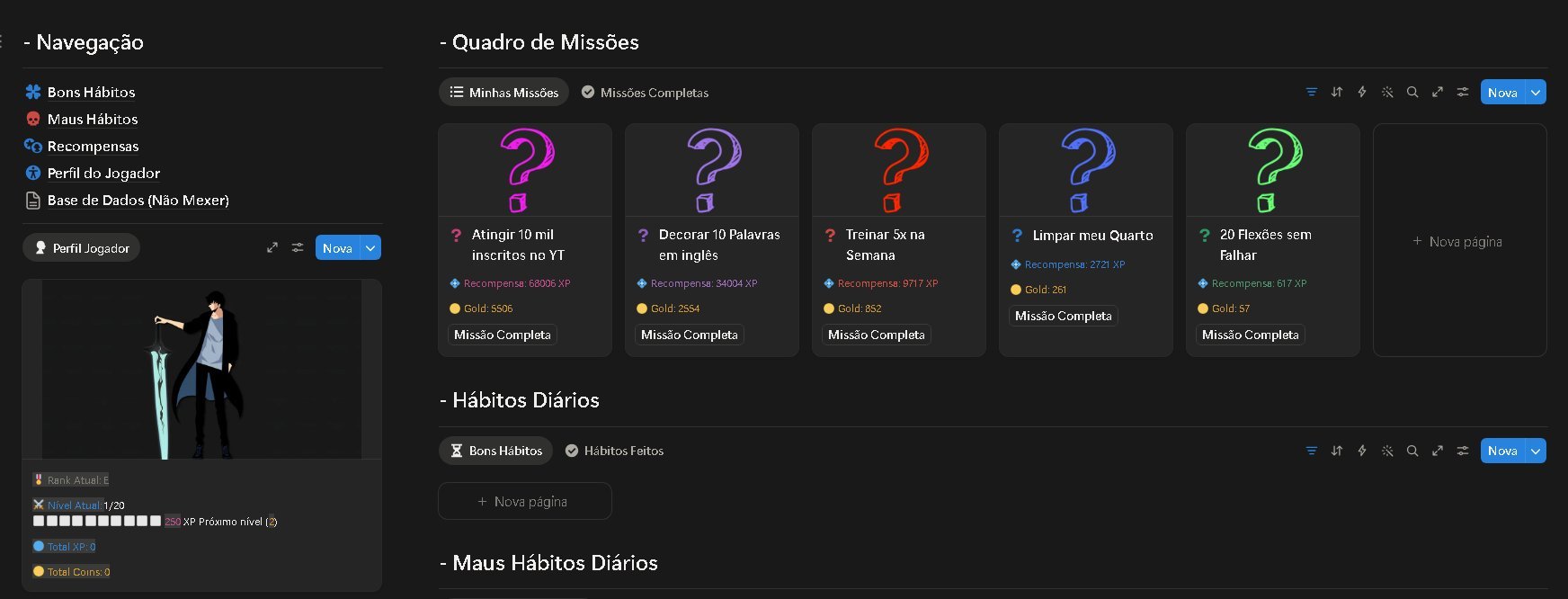 Quadro de missões com os cinco níveis de dificuldade
