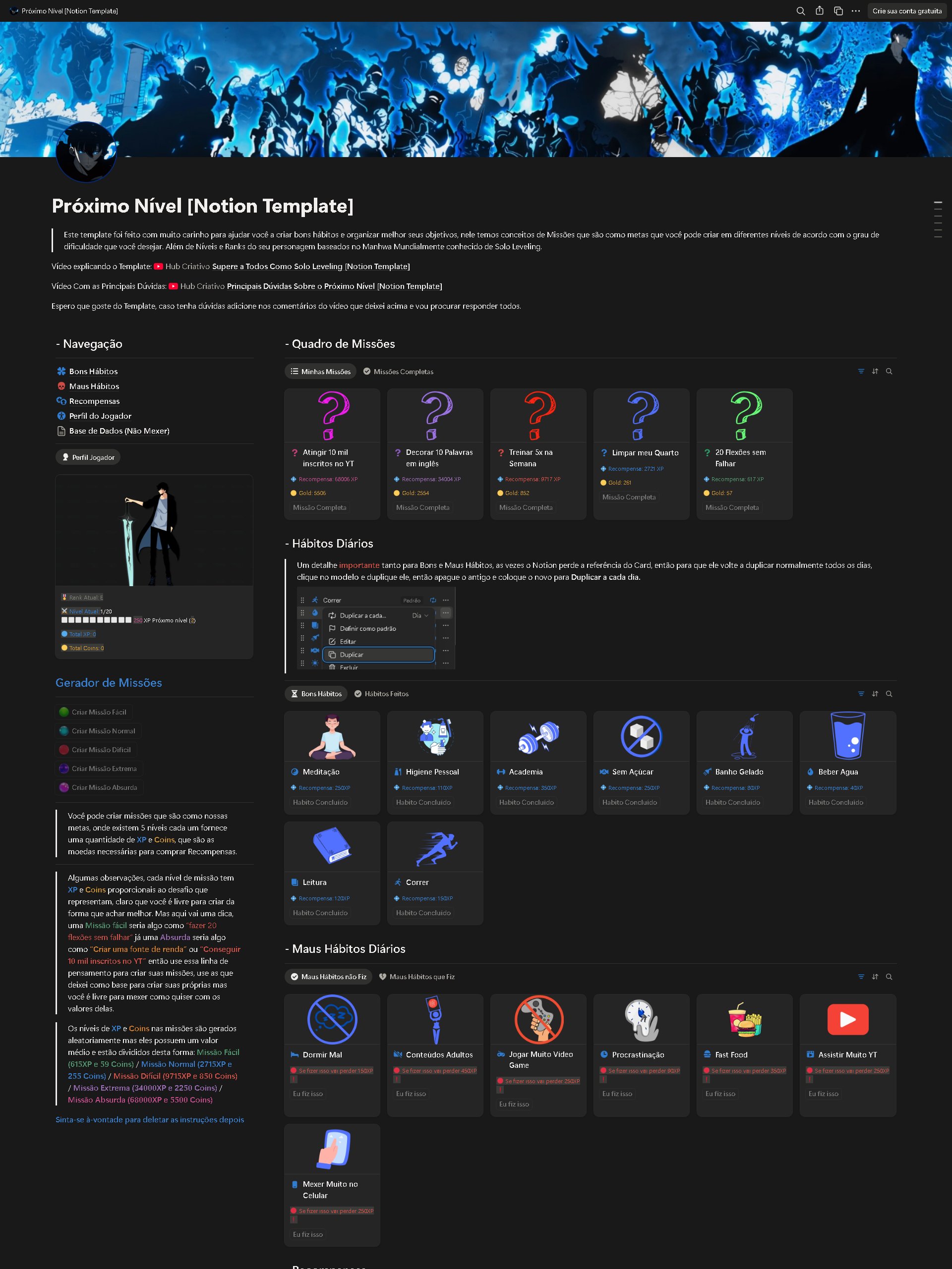 Visão completa do template Próximo Nível no Notion
