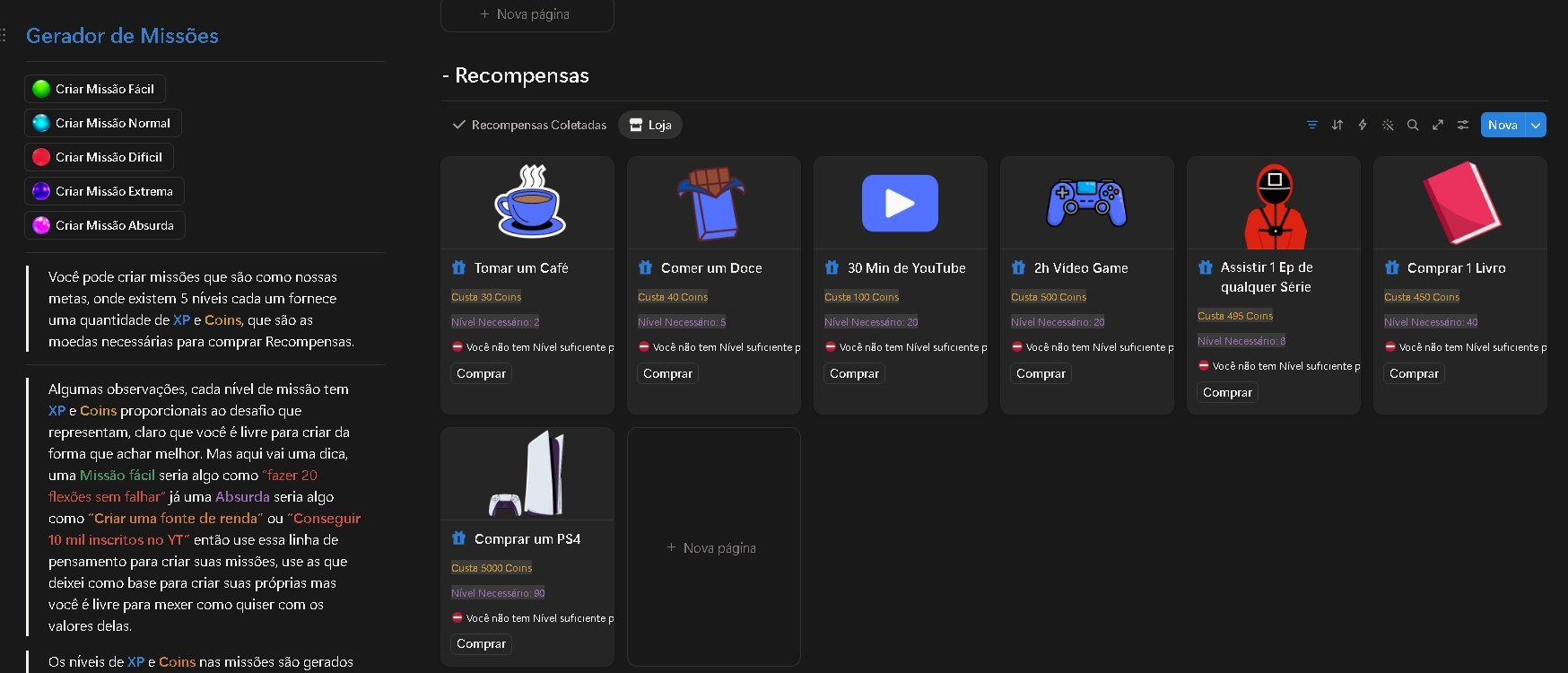 Loja de recompensas com itens compráveis